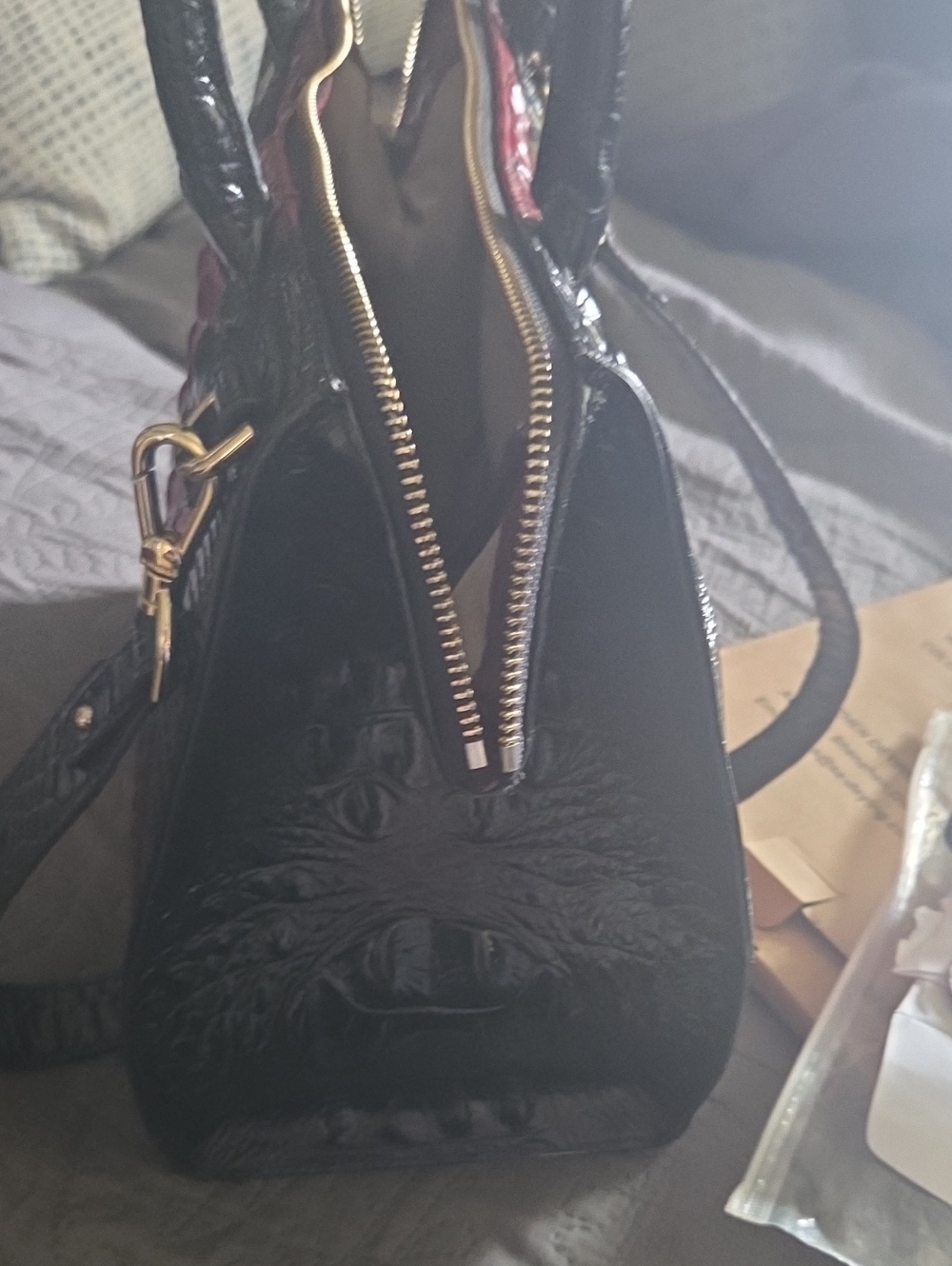 Brahmin Red and Black Croc-Embossed Satchel with Top Handles - Picture 6 of 8